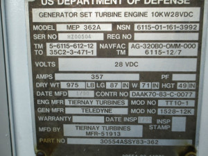 Tiernay MEP 362A 10KW/ 28 Volt GPU